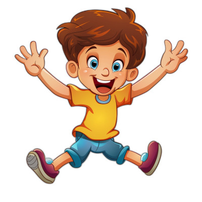 A cartoon happy boy is jumping in a vector illustration clip art sticker style with a black background.