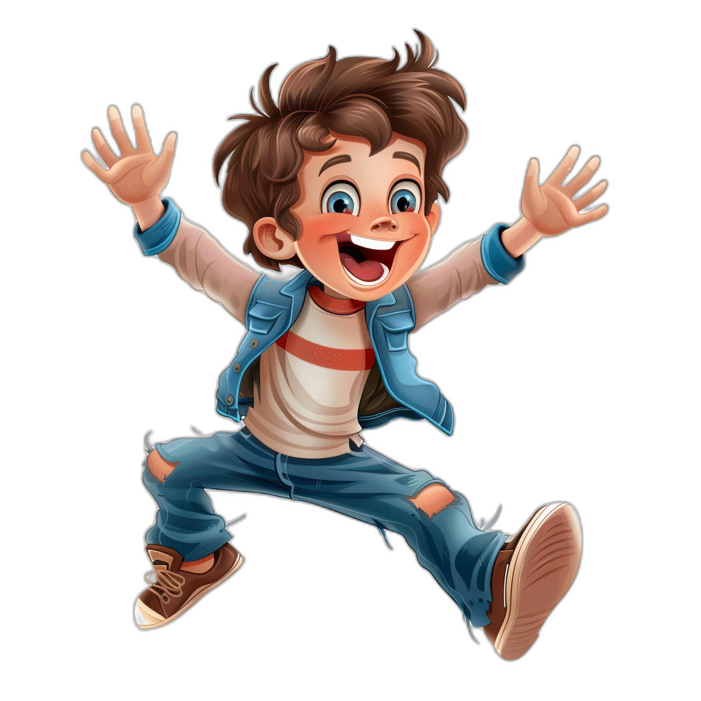 A cartoon boy jumping in the air in the style of Disney, black background, wearing jeans and a white t-shirt with a blue jacket, brown shoes, a happy facial expression, high quality.