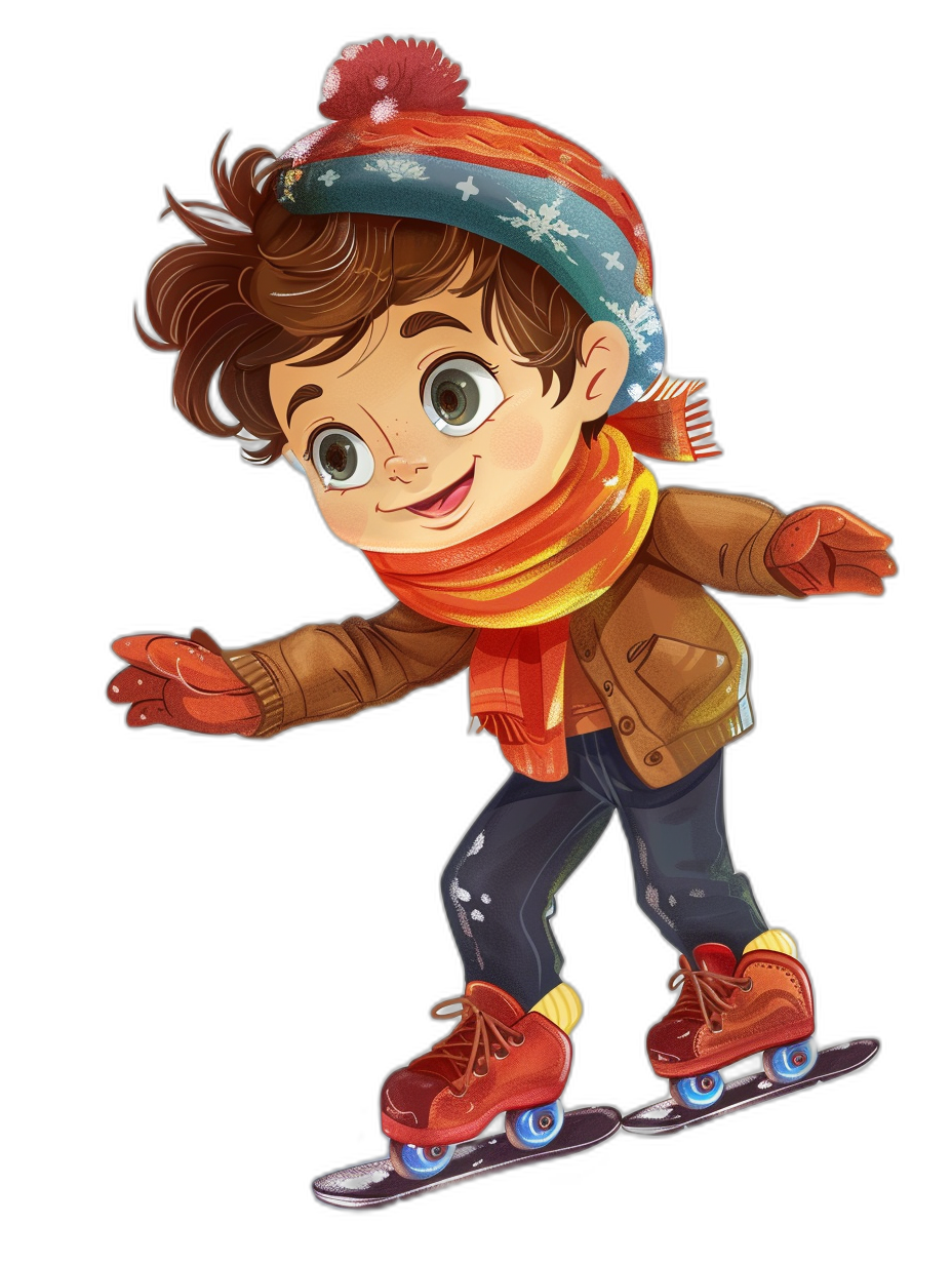 A cute boy skating on ice, wearing winter  and gloves. The character is depicted in an animated style with bright colors against a black background. He has brown hair and big eyes, dressed in a warm jacket and scarf, ready to have fun at the rink. A side view of his full body showcases roller skates under his feet, adding dynamism to the scene.
