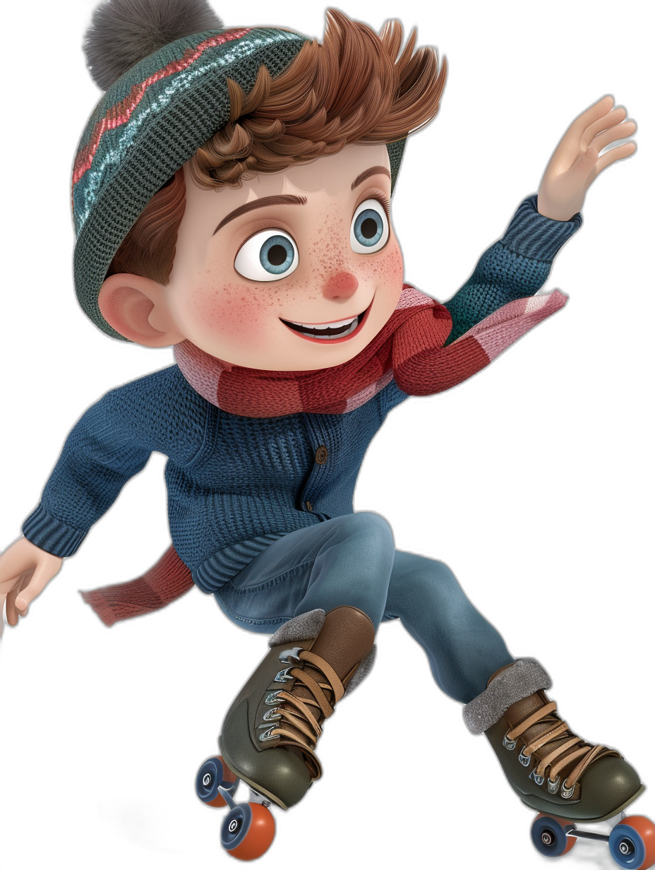 A boy with brown hair and blue eyes, dressed in winter , is roller skating on a black background in the style of Disney Pixar cartoon, 3D rendered.