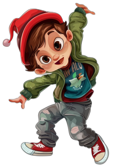 A cute little boy, dressed in hip hop  and shoes with red laces, dancing on a black background in the style of Disney, full body portrait in a cartoon character design style, vector illustration, high resolution, high detail, colorful, wearing a green jacket, blue t-shirt, grey jeans, with brown hair, dark eyes, small pointy ears, an oversized cap, white skin, in a jumping pose, in a cartoon art style.