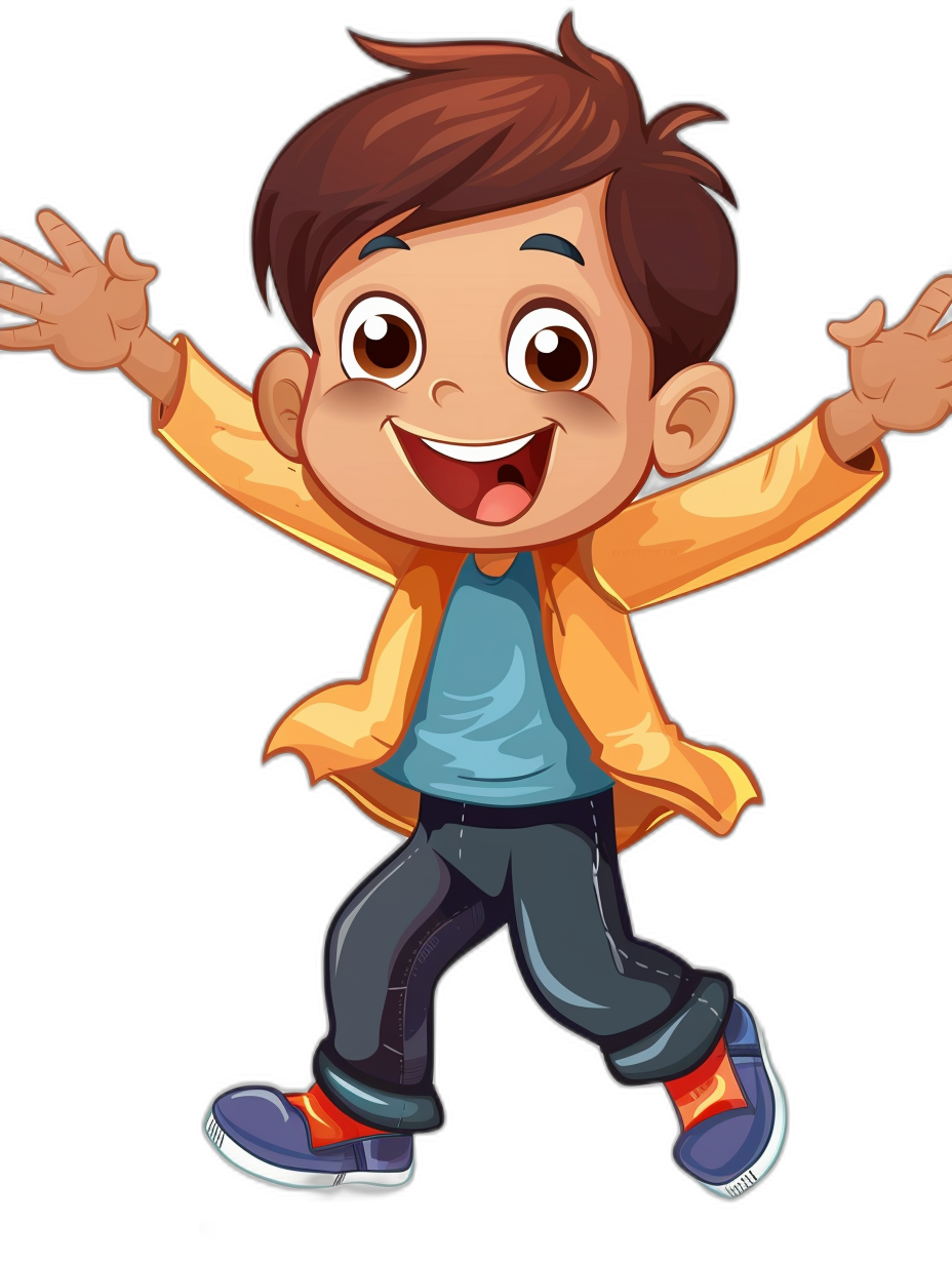 A cartoon character of an excited boy wearing blue jeans and an orange jacket, with a black background, in a cute style, colorful illustration for a kids book in the style of Pixar animation. The kid is smiling with his mouth open and hands up in joy. He has brown hair and big eyes. Blue shoes. Full body pose. In full color. Isolated on a white background.