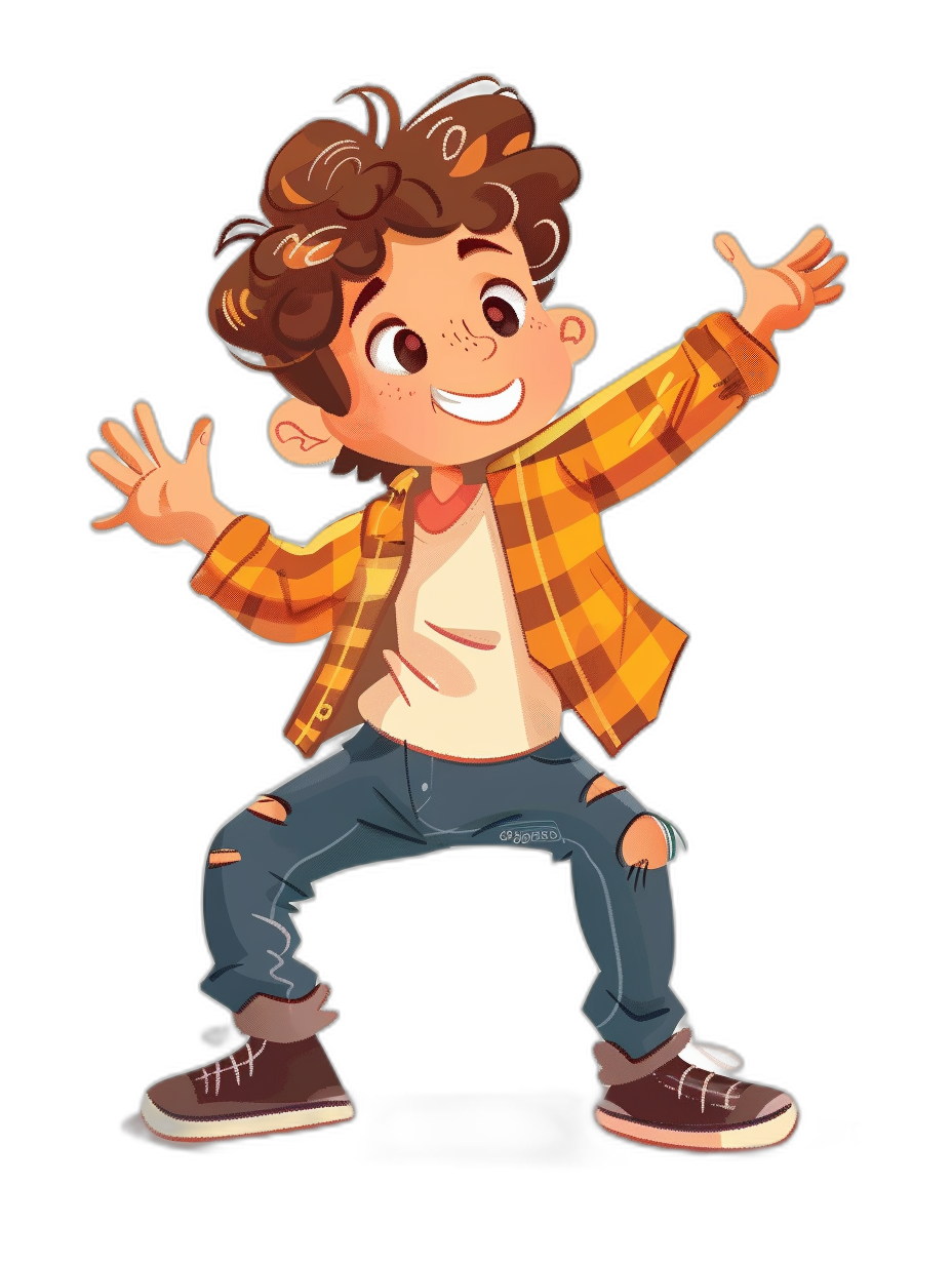 Illustration of a happy boy with brown hair wearing a flannel shirt in a dancing pose with jeans and shoes on a black background in the style of Pixar’s 2D cartoons.