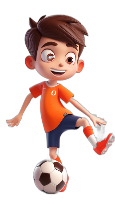 A cute boy in an orange t-shirt and dark blue shorts, with brown hair and white skin is kicking the soccer ball in the style of Disney. He is a full body shot, 3D rendering cartoon character on a black background in the style of Disney Pixar animation. He has big eyes and wears red shoes. The facial features of the football player should be detailed, showing his happy expression while playing sports. Ensure that all elements of  such as shirt color, pants and sneakers match seamlessly for perfect animation.