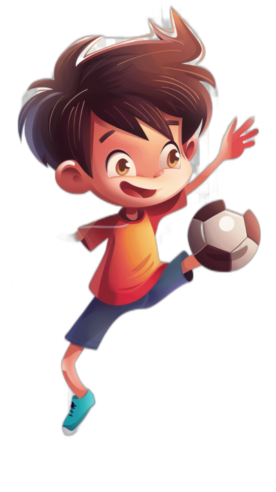 A cartoon illustration of an adorable little boy with brown hair, in the Pixar style of character design, he is wearing a bright orange and red t-shirt and blue shoes, playing with a soccer ball in the air, against a black background, with a cute happy expression, using colorful, high contrast, vibrant colors, soft lighting, smooth textures, at a high resolution.