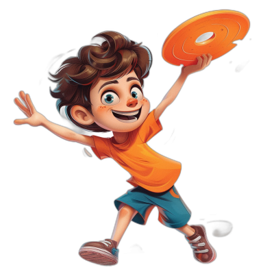 A boy with brown hair and blue eyes is playing frisbee, smiling happily in an orange t-shirt and dark shorts. The character design has a cartoon style with a Disney Pixar animation style influence. The black background features a high resolution, professional illustration with detailed drawing showing a full body shot of the boy. The image has high details and a hyper realistic, super sharp focus rendering in the style of a close up view taken with a wide angle lens.