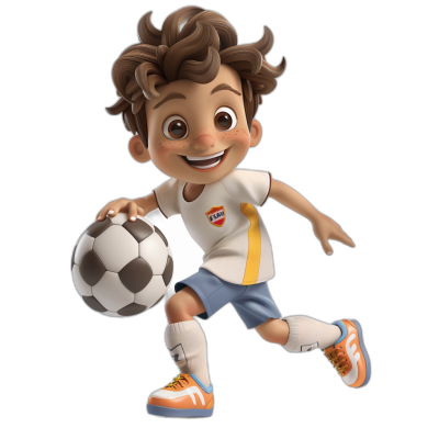 3D character of a little boy playing soccer, with brown hair and a white t-shirt with yellow details on the sleeves, blue shorts, and orange shoes against a black background, in the style of Disney Pixar.