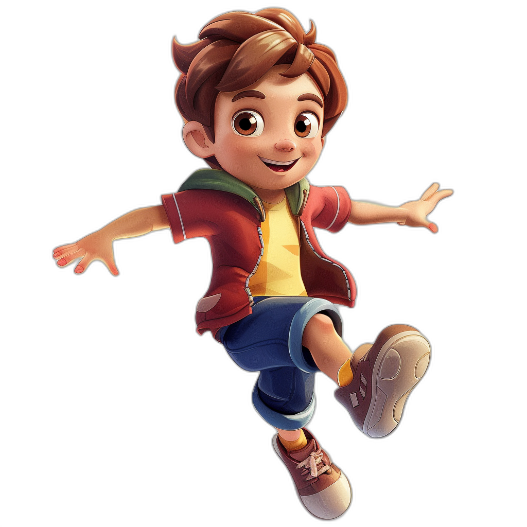 A cute cartoon boy with brown hair, dressed in casual  and shoes is jumping up on the black background, in the style of Pixar.