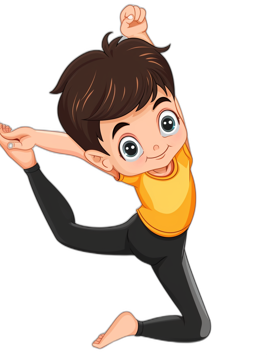 a cute cartoon boy doing gymnastics, vector illustration with black background