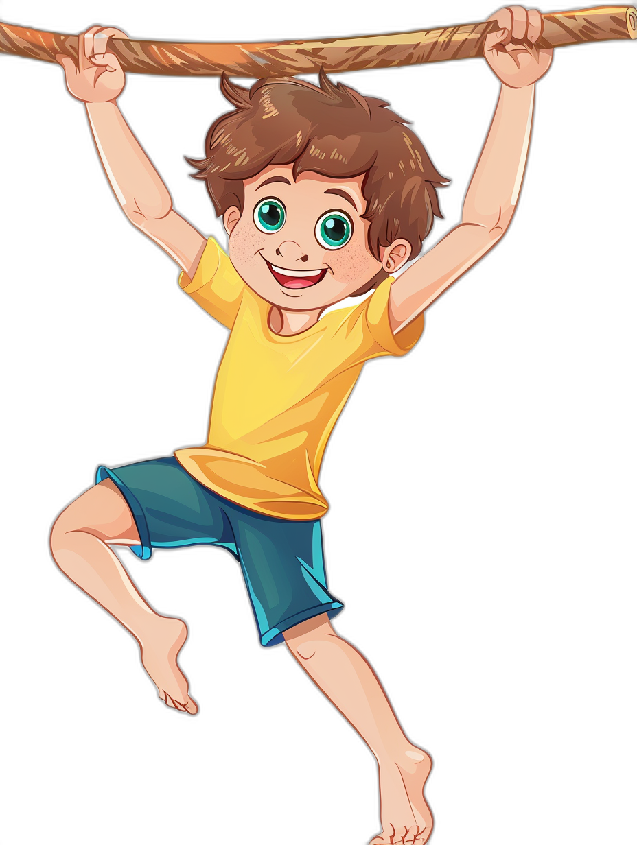 cartoon style of boy hanging on rope, smiling with blue eyes and brown hair wearing yellow tshirt and dark cyan shorts , black background, full body shot