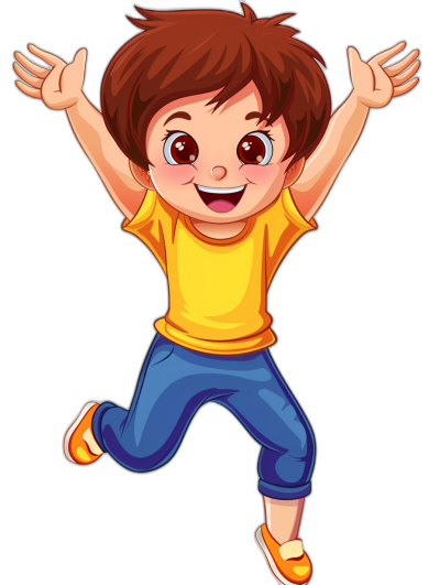 a cartoon illustration of happy jumping boy with brown hair, yellow t shirt and blue jeans on black background