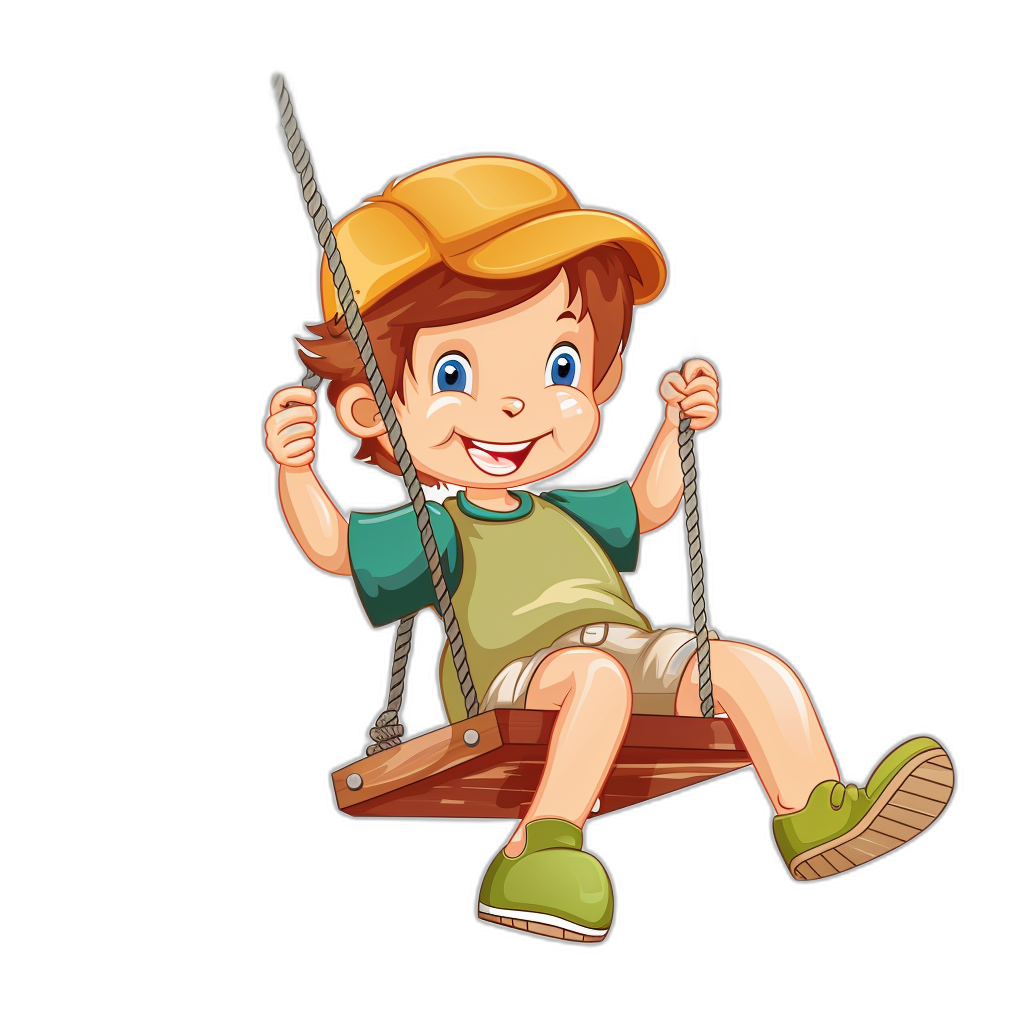 A cute cartoon boy sitting on the swing with a happy expression. The illustration is in a flat style with a black background and colorful  details. The little girl is wearing green short sleeves and a white shorts, brown shoes, a yellow hat, blue eyes, and a smiling face. She is holding onto both ropes of the wood swing as she swings up and down. The image is a high resolution vector graphic in the style of a cartoon.