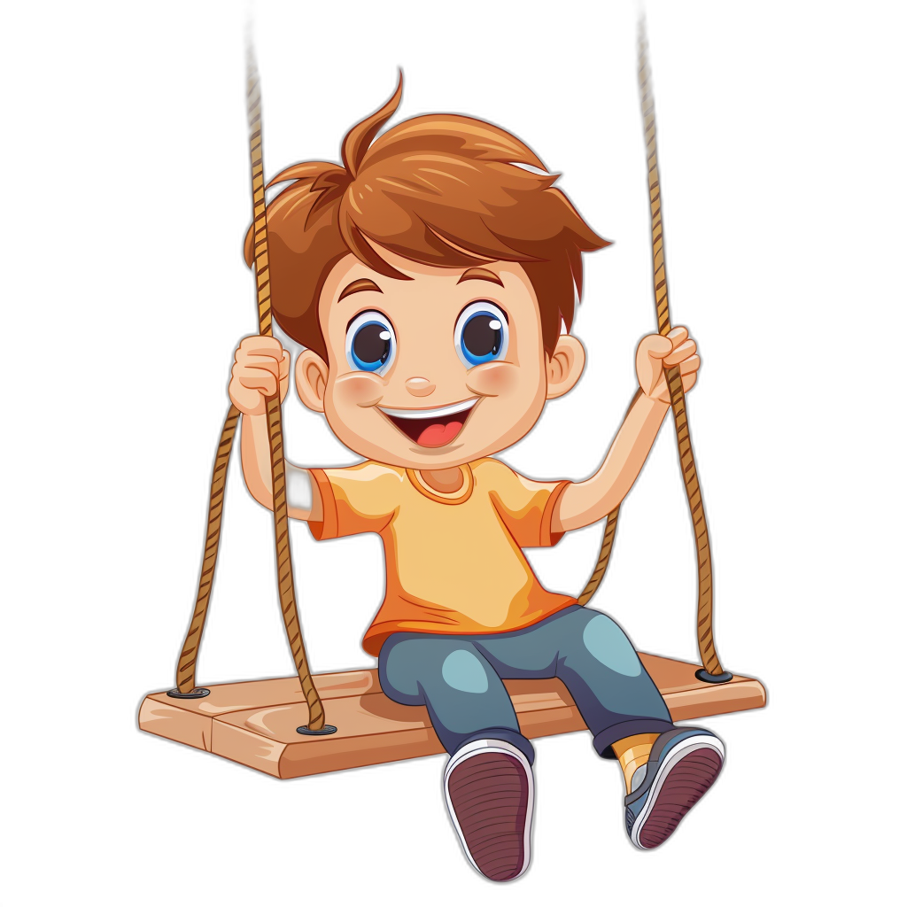 A cartoon boy is sitting on the swing with a happy expression. The illustration has simple lines on a black background with a flat style. The graphic design has a high-end color scheme with bright, high definition colors. The little girl has short brown hair and blue eyes. She is wearing an orange T-shirt with jeans underneath and is holding onto two ropes, one at each end of the wooden board hanging from her waist. The style is in the style of graphic design.