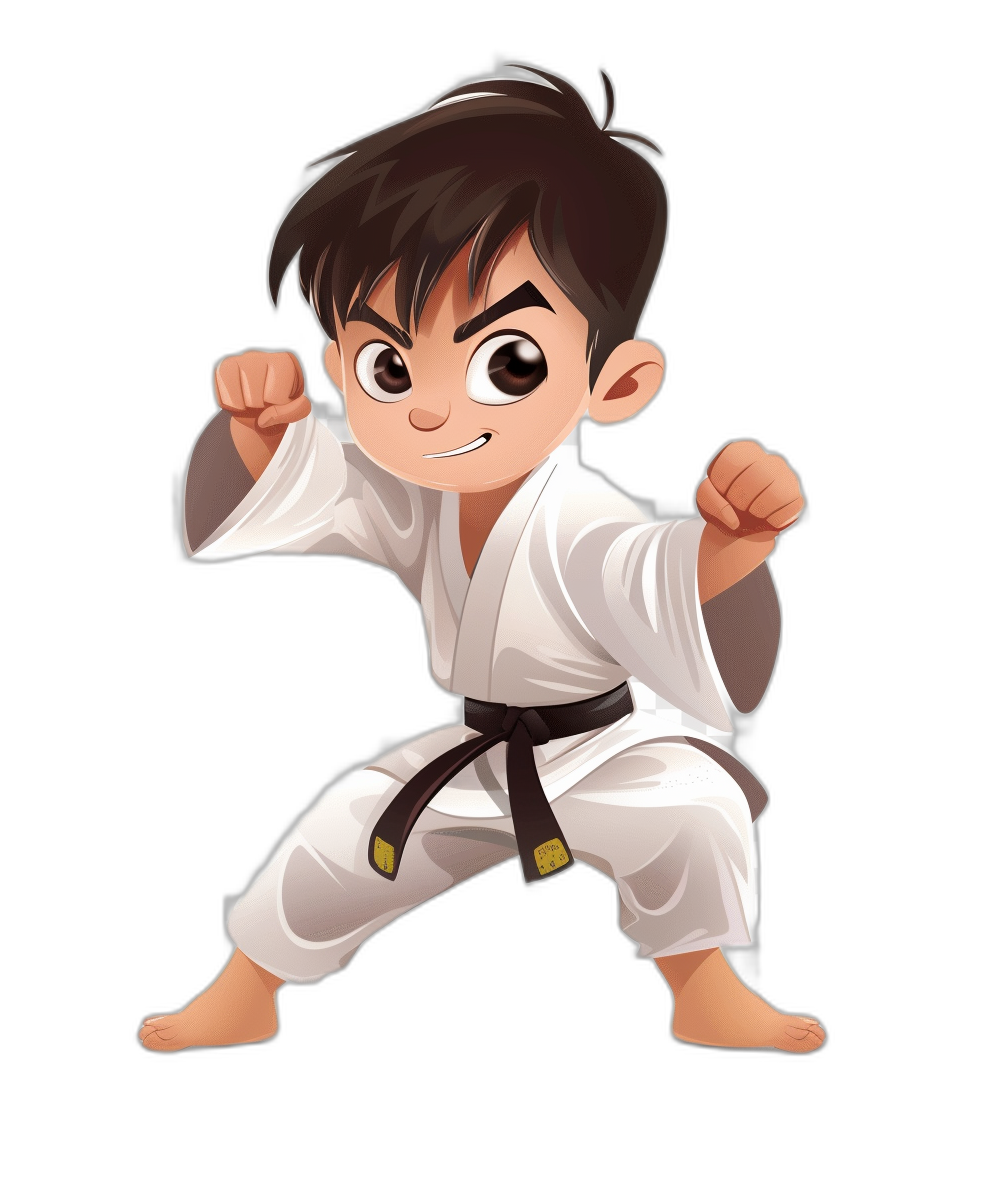 Cute cartoon boy doing karate, simple drawing style, black background, no shadow on the face, high resolution, high quality, high detail, high definition. The artwork is in the style of a minimalist cartoon.