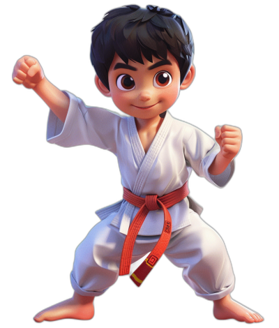 A young boy with black hair in a white karate outfit, with a red belt and blue pants, is practicing his forward kick pose. The character has big eyes, a round face and a smiling expression. In the style of Pixar, on a black background.