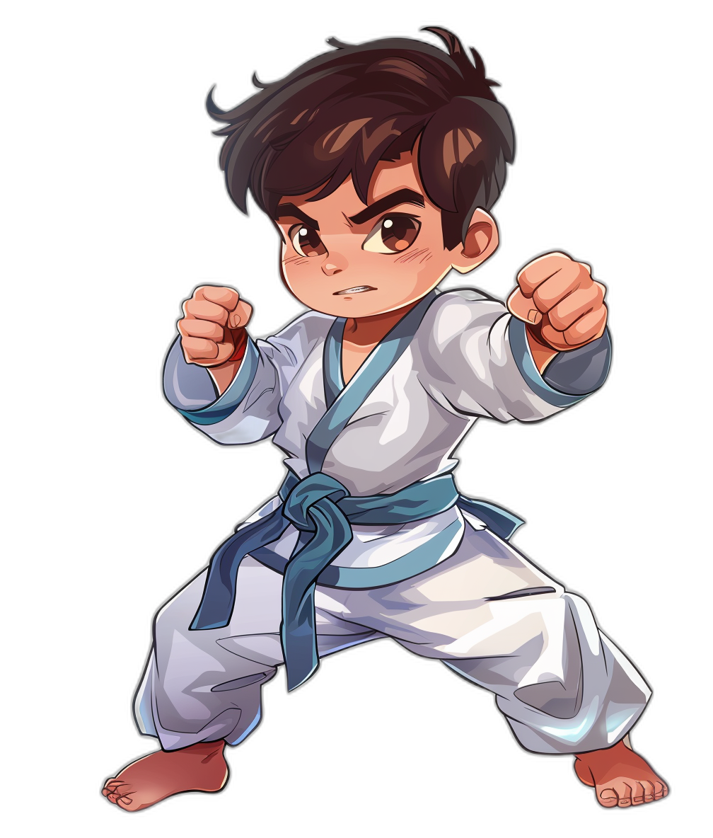 A cute chibi style boy with dark hair wearing white karate pants and a blue belt in a ready to fight pose against a black background, with no outline on the character.