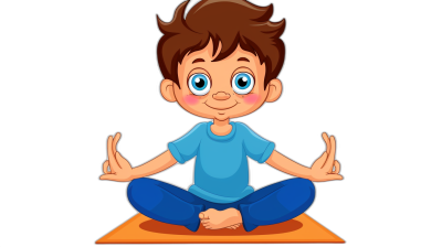 A cute cartoon boy doing yoga in a simple flat vector illustration with a black background showing a front view close-up shot of his face and hands. He is sitting on the ground in a lotus position pose, with his eyes open smiling happily and his hands holding at his waist. It has a colorful design in high resolution without shadows, showing his full body portrait in the style of no particular artist.