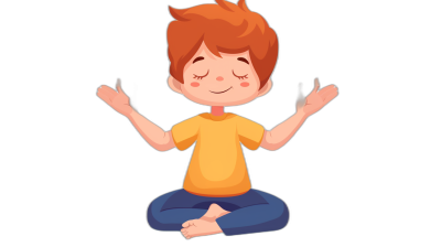 A cute little boy is sitting cross-legged, meditating with his eyes closed and smiling slightly in the style of flat vector illustration on a black background. The character has short red hair and wears blue pants and an orange t-shirt. He raises both hands to make yoga poses with palms facing up and fingers spread out wide. Isolated black background. Vector Illustration, simple design, with very detailed artwork in the style of a cartoon artstyle.