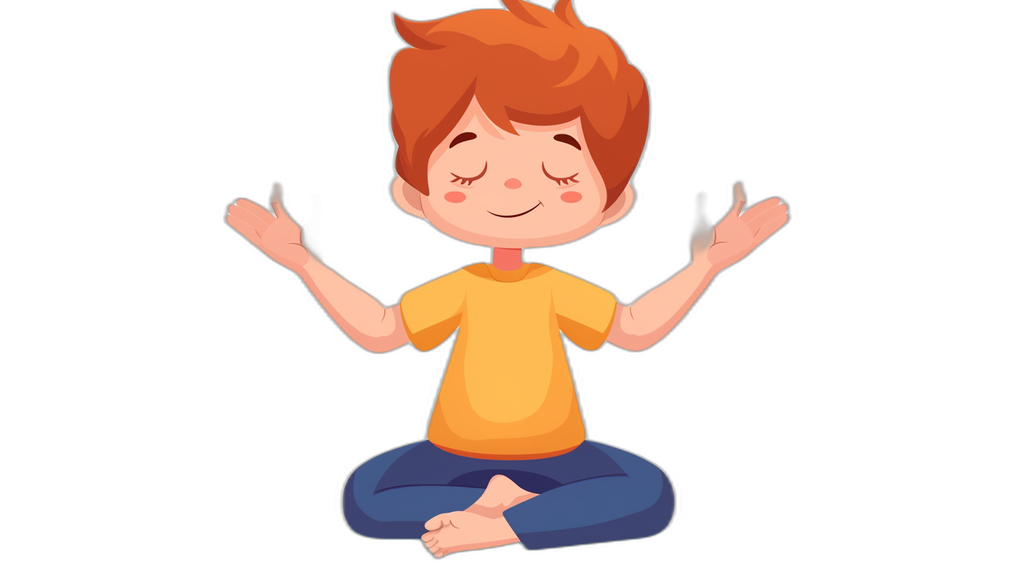 A cute little boy is sitting cross-legged, meditating with his eyes closed and smiling slightly in the style of flat vector illustration on a black background. The character has short red hair and wears blue pants and an orange t-shirt. He raises both hands to make yoga poses with palms facing up and fingers spread out wide. Isolated black background. Vector Illustration, simple design, with very detailed artwork in the style of a cartoon artstyle.