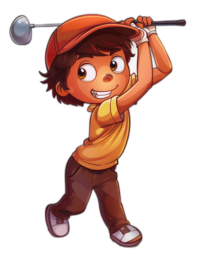 A young boy with dark brown hair, wearing an orange cap, hitting a ball while playing golf in the style of cartoon on a black background.