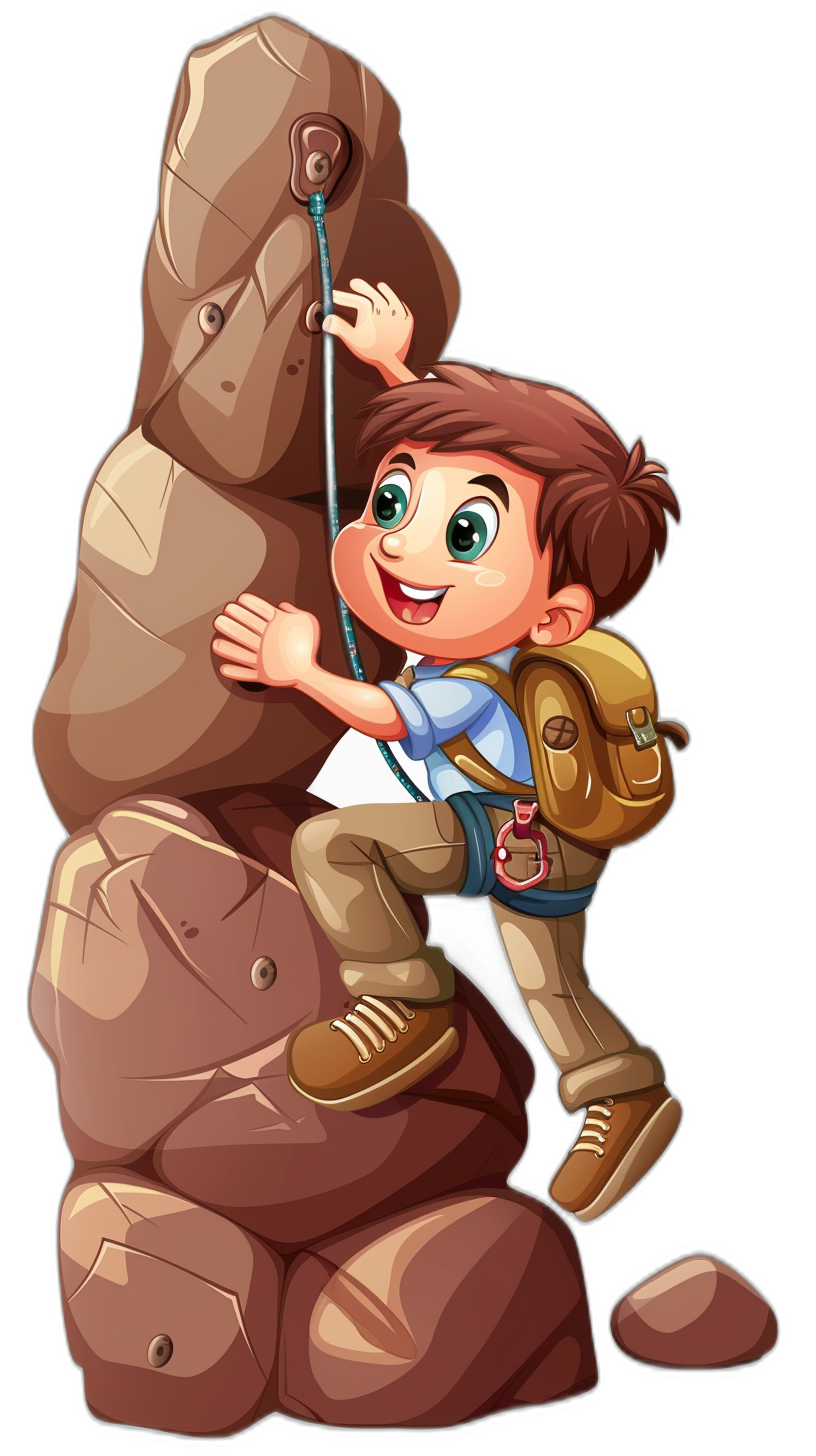 A cartoon vector illustration of a cute boy climbing a rock in the style of clipart on a black background.