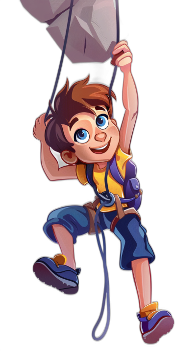 A cartoon-style boy character with brown hair, blue eyes, and a yellow t-shirt is hanging from a parachute on a black background, his hands holding onto ropes while wearing dark purple shoes. He has a big smile in the style of Pixar, with a full body shot in bright colors at a high resolution.