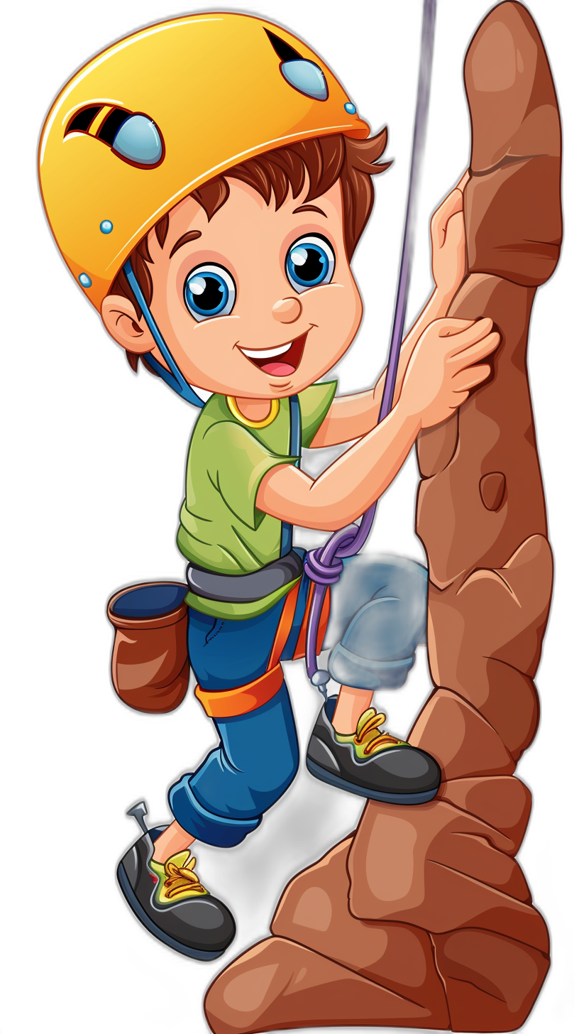 A cartoon vector illustration of a cute boy rock climbing, wearing a helmet and boots, isolated on a black background, with big blue eyes and a smiley face, with a colorful design on his green shirt, brown pants, and white shoes, holding ropes hanging from the cliff, detailed, high quality, high resolution, in the style of clipart.