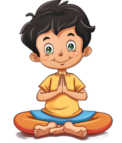 cartoon style, vector design of an Indian boy doing yoga with green eyes and black hair wearing a yellow t-shirt sitting in lotus position on his knees with hands folded praying, smiling face, clip art sticker style isolated against a pure black background.