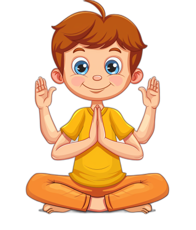 cartoon of cute boy doing yoga in the style of clip art, in the style of isolated on black background