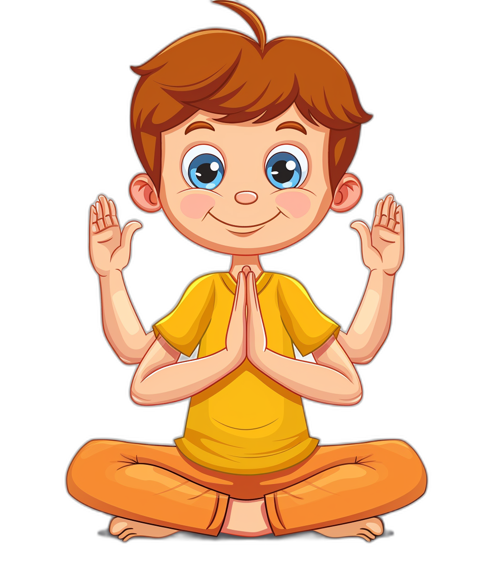 cartoon of cute boy doing yoga in the style of clip art, in the style of isolated on black background