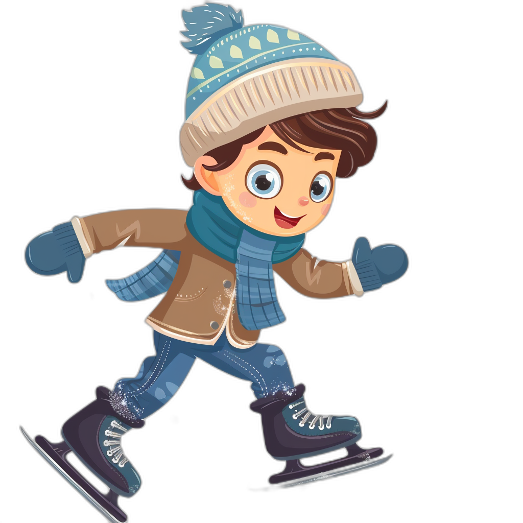 A cute cartoon boy ice skating isolated on black background, winter outfit and hat, clip art style illustration, vector graphic design, wearing gloves, full body shot, flat colors, simple shapes, low details, simple lines, vector graphics, 2d flat, 30% of the character should be filled with color, white border around characters, isolated on dark black background, clipart style