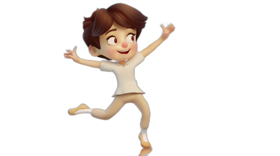 3D Pixar-style clipart, full body of a young brown-haired boy wearing a white shirt and beige pants jumping on a black background in the style of Pixar.