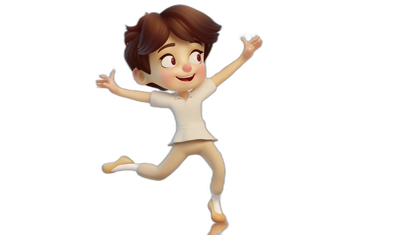 3D Pixar-style clipart, full body of a young brown-haired boy wearing a white shirt and beige pants jumping on a black background in the style of Pixar.