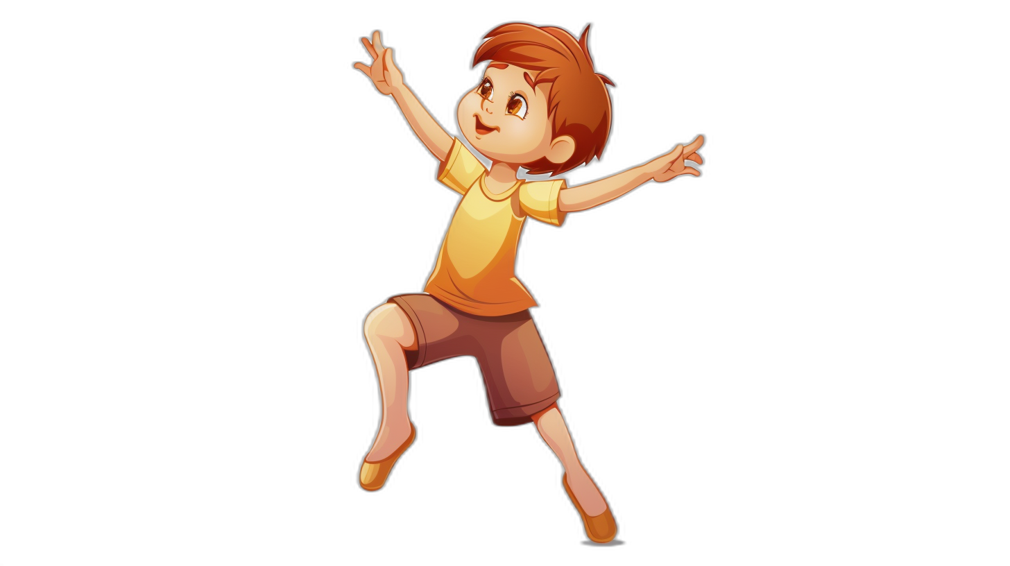 A cute cartoon boy is dancing, with short brown hair and a yellow t-shirt. A full body shot against a black background in the style of 2D game art and Disney Pixar animation. A flat illustration with a simple outline and low details. A simple color scheme and high resolution, high quality.