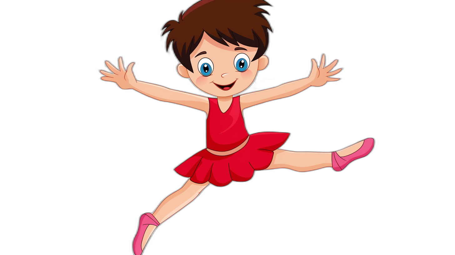 cartoon of a young girl in a red dress, pink shoes and with short brown hair doing ballet by jumping on a black background in the style of