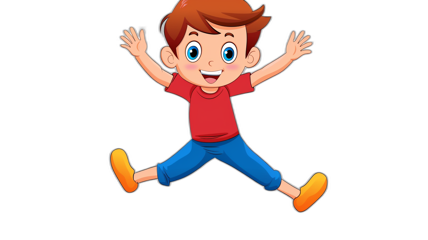 Cartoon illustration of the boy jumping in the style of a cartoon, with a simple line style and solid colors, featuring a cute character design reminiscent of Q versions, on a black background at a high definition resolution, in 2D at 30K HD.