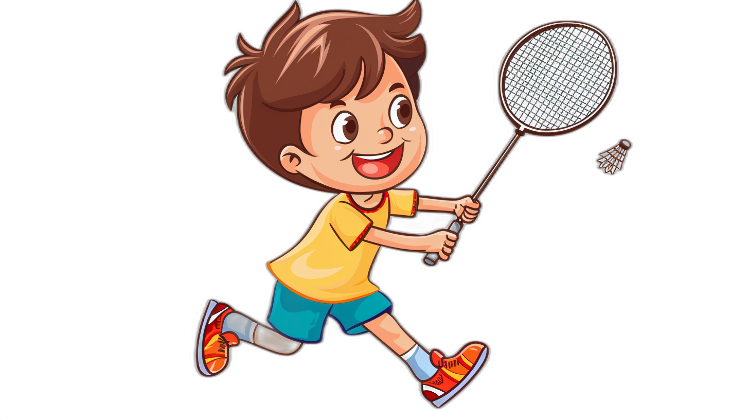 cartoon vector of a little boy playing badminton, running and smiling with a racket in hand on a black background