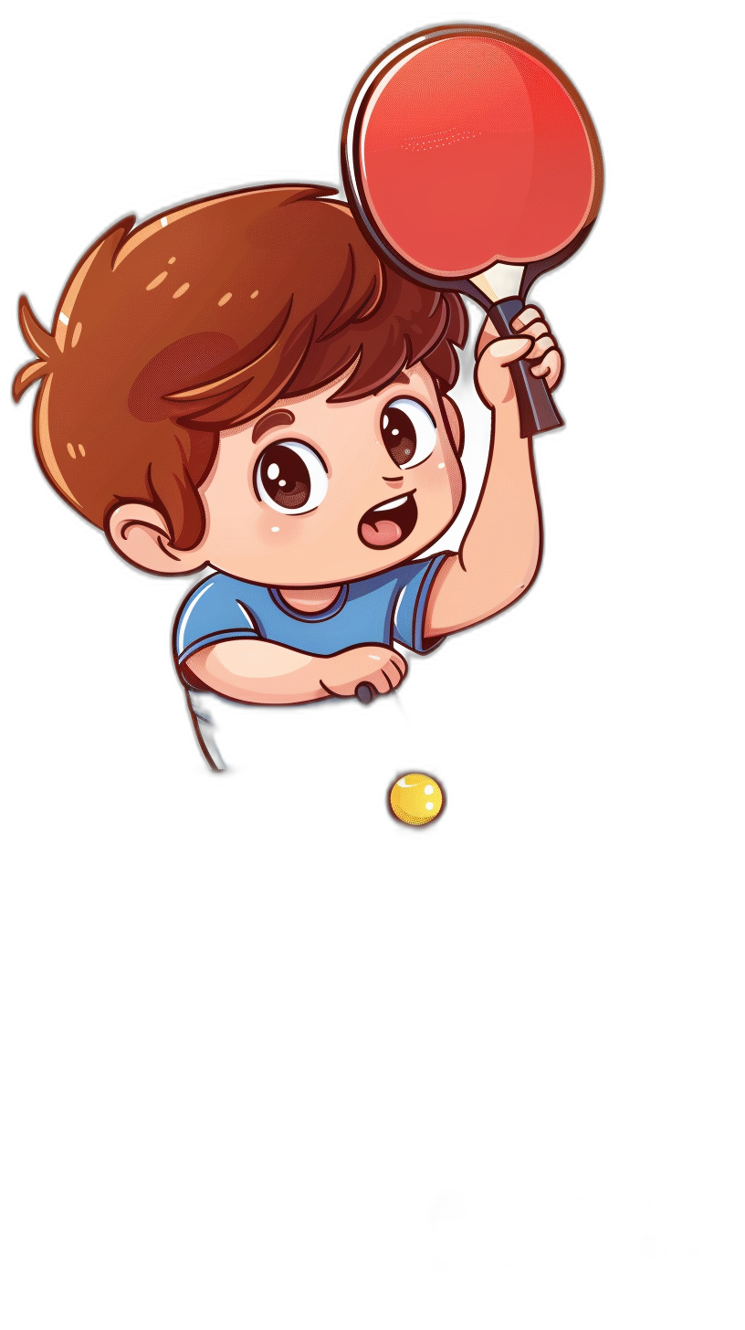 A cute cartoon boy playing table tennis, vector illustration style, simple stroke lines, pure black background, high definition resolution. The little girl is holding the racket and hitting the ball with it.,,in