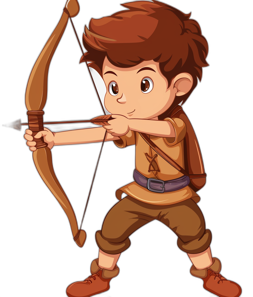 A cartoon boy with brown hair and wearing an archer outfit, shooting arrows with his bow on black background in vector style