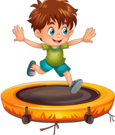 A boy jumping on a trampoline in cartoon style clip art for stickers against a black background. A cute little boy with brown hair and blue eyes wearing a green shirt and shorts is jumping high on a yellow and orange round bouncy bed with a happy facial expression. A white outline is around the edges of his body with no shadow on the bottom half of the picture. Isolated on a black background in vector graphics with colorful colors and a simple design in the style of cartoon.