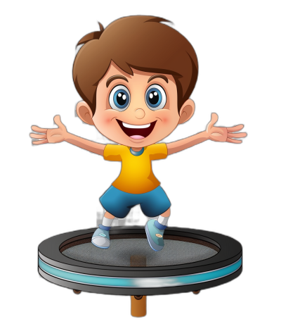 Cartoon style, cartoon boy with brown hair and blue eyes jumping on trampoline smiling black background