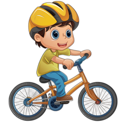 cartoon style, vector design of cute boy wearing yellow helmet and riding bicycle with black background, simple design, high resolution