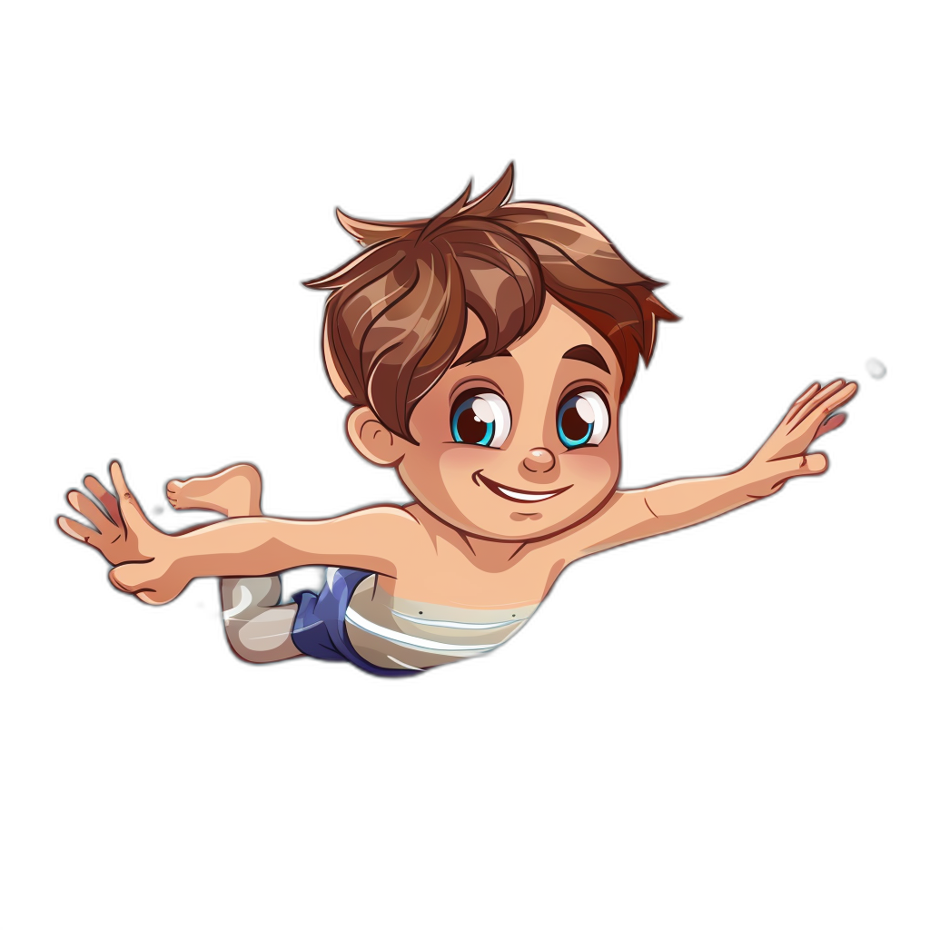 A cute cartoon baby boy with brown hair and blue eyes, flying in the air wearing a white nappy on a black background, 2D vector illustration in the style of casual game.