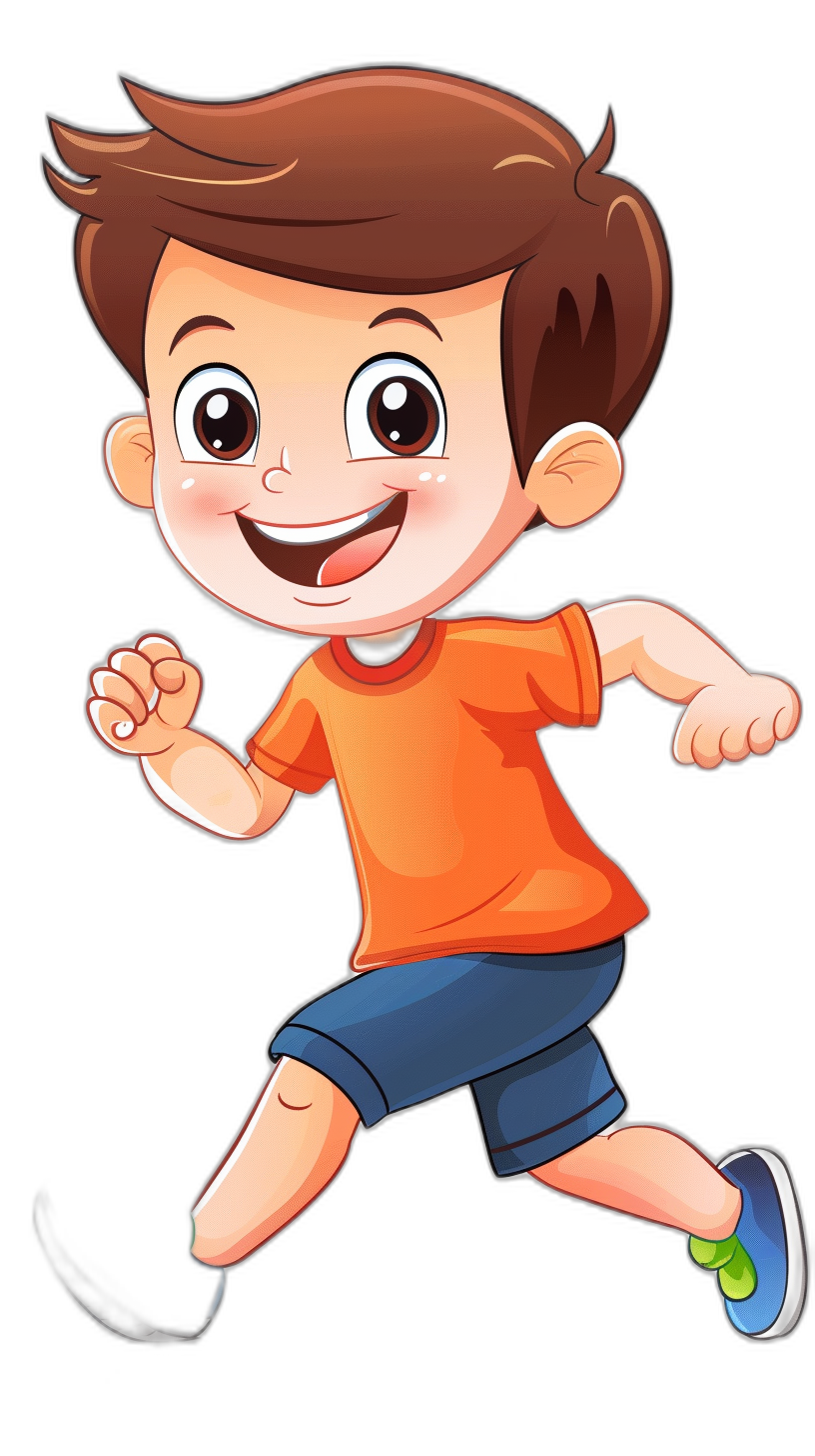 A cute cartoon boy is running with a happy expression in a simple drawing style against a black background with bright colors. He is wearing an orange t-shirt, blue shorts, and white shoes on his feet. The drawing is in the style of a simple cartoon.