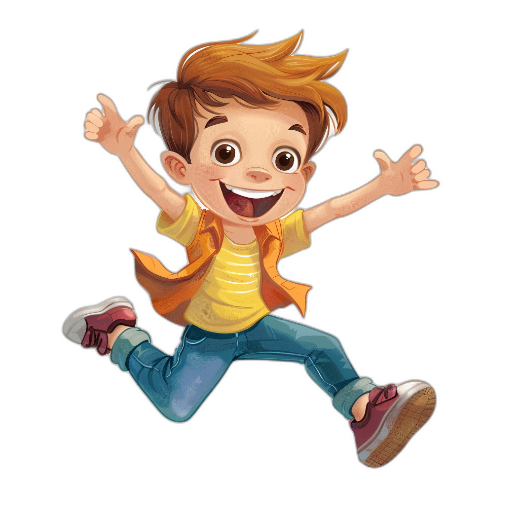 illustration of a happy boy jumping in the style of a cartoon, in a cartoon style, isolated on a black background, 2d art for children’s book