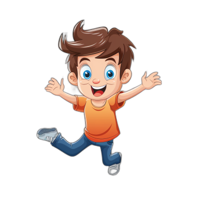 A cartoon boy jumping with a happy expression against a black background in a simple design with bright colors and high definition. A cartoon style character design with vector graphics and flat illustration in the style of vector graphics. The little girl has short brown hair, blue eyes, and is wearing an orange t-shirt and jeans. He is running happily in the air with hands open wide to give out joy.