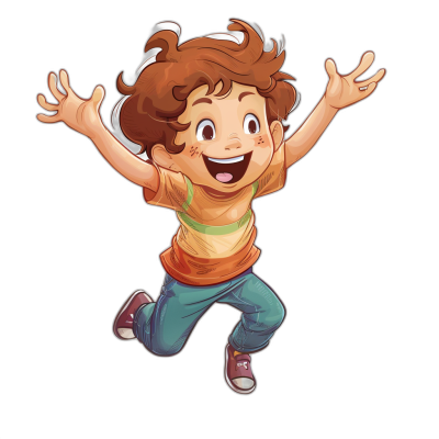 A cartoon-style illustration of an excited little boy jumping, smiling and looking at the camera, on black background. The character is wearing casual  with brown hair in short curls. He has his hands raised up as if he's about to grab something or go running away. His eyes sparkle joyfully under thick eyebrows, adding charm to his happy expression. This design will be used for various graphic applications like T-shirts, posters, social media posts, etc., vector art