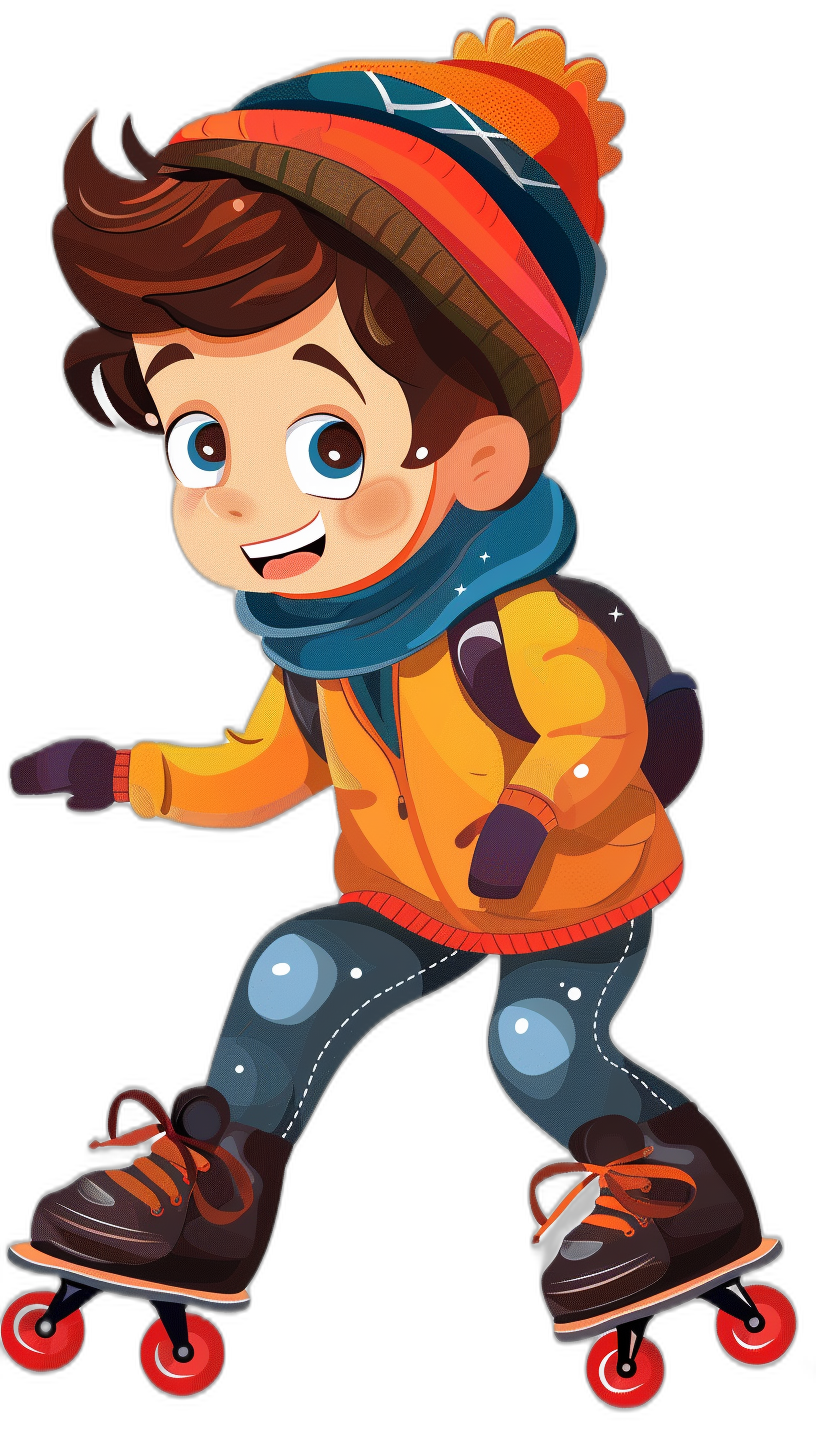 A cute cartoon boy in winter  rollerblading in the style of clip art, in the style of vector illustration for children’s book, high resolution black background, full body, full color