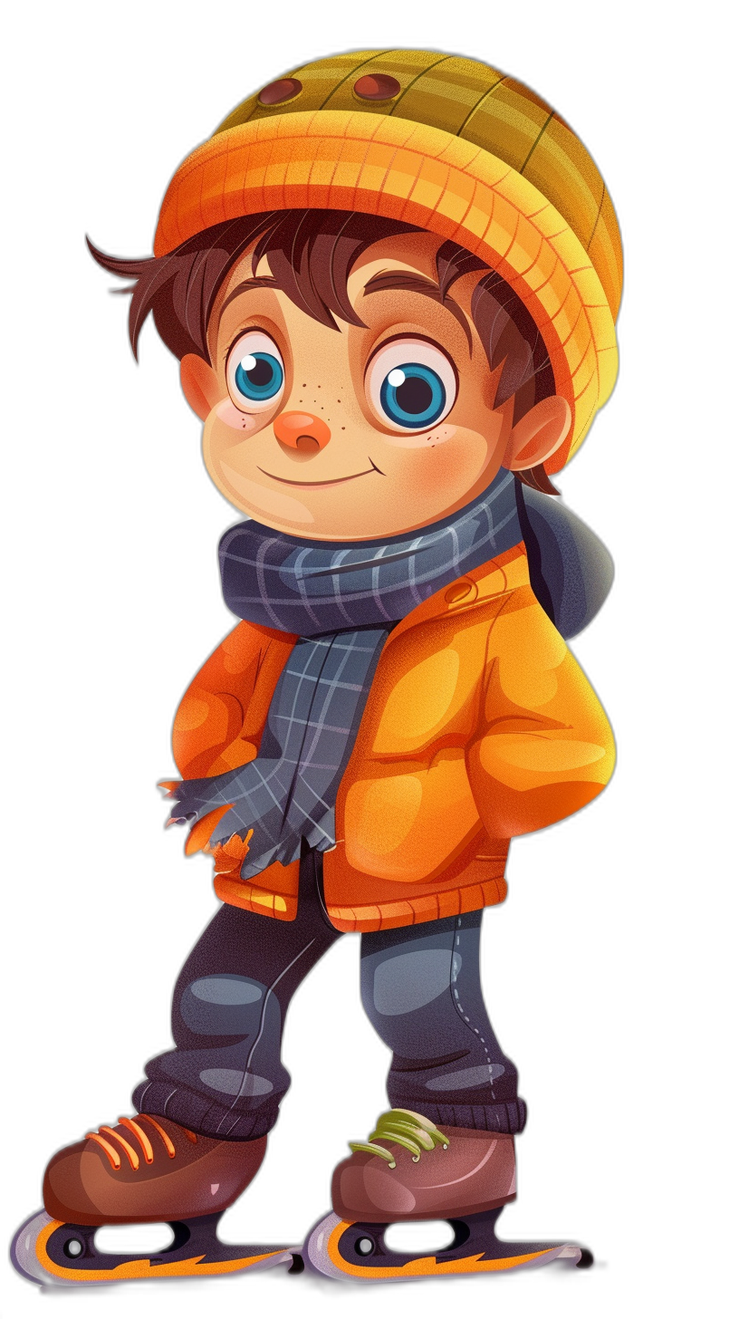 Cute cartoon boy ice skating, with an orange hat and scarf, on a black background, wearing colorful  with bright colors, a happy expression, big eyes, and skates on his feet, with high definition details of the  and facial features in a full body portrait in the style of a cartoon.