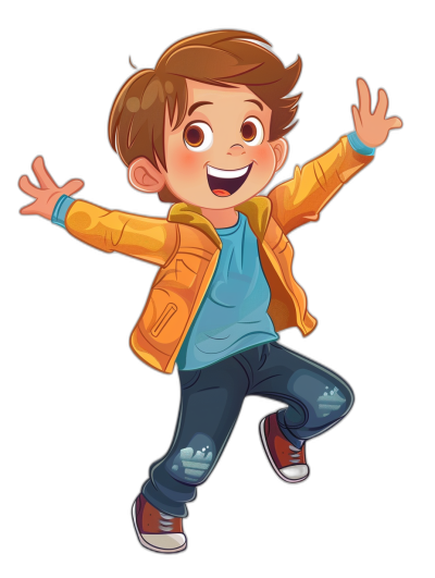 A cute boy with brown hair and blue eyes, wearing an orange jacket and dark jeans, is jumping in the air and smiling with his hands up in the style of a cartoon on a black background.